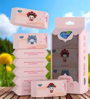 Влажные салфетки мини розовые без аромата 64 шт